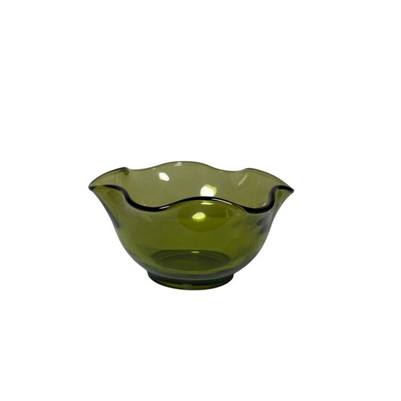 Vintage Olive Green Art Glass Bowl, Wavy Ruffled Edge Centerpiece, Mid Century - Picture 6 of 6